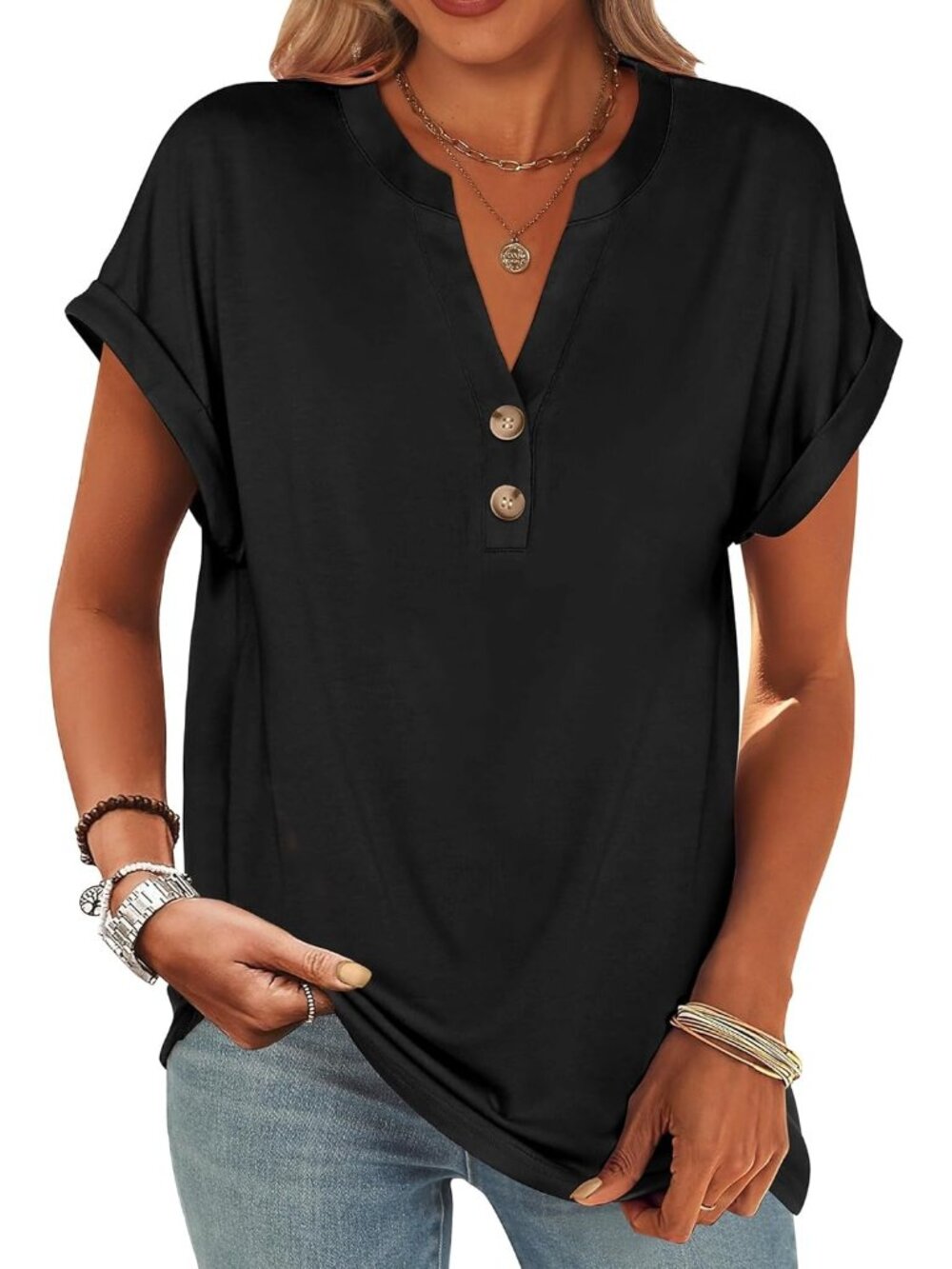 Women's Black Summer Short Sleeve Henley V Neck Dressy Fashion Top Blouses